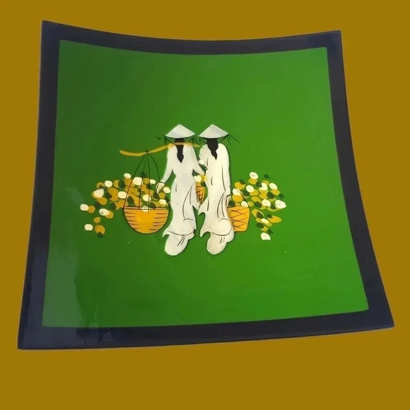 Vietnamese lacquerware tray set of 3 plate Set green black - Picture 3 of 10